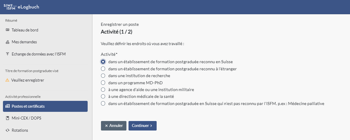 Mode d'emploi, poste, établissement de formation postgraduée