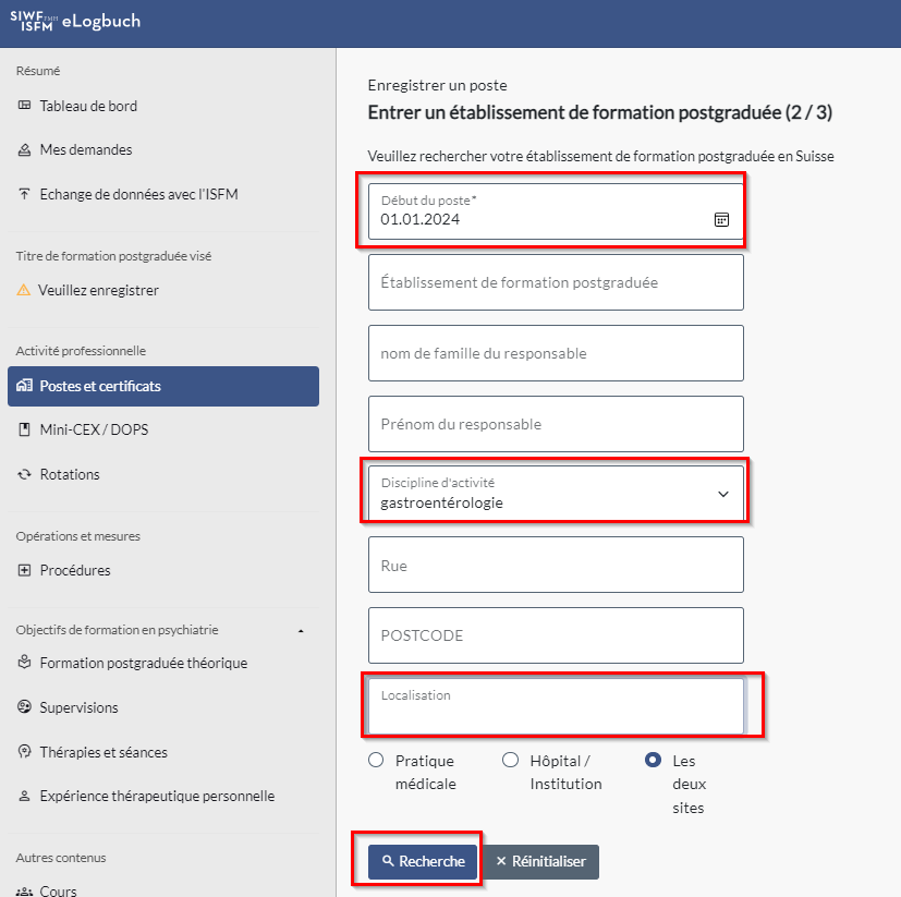 Mode d'emploi, poste, établissement de formation postgraduée2