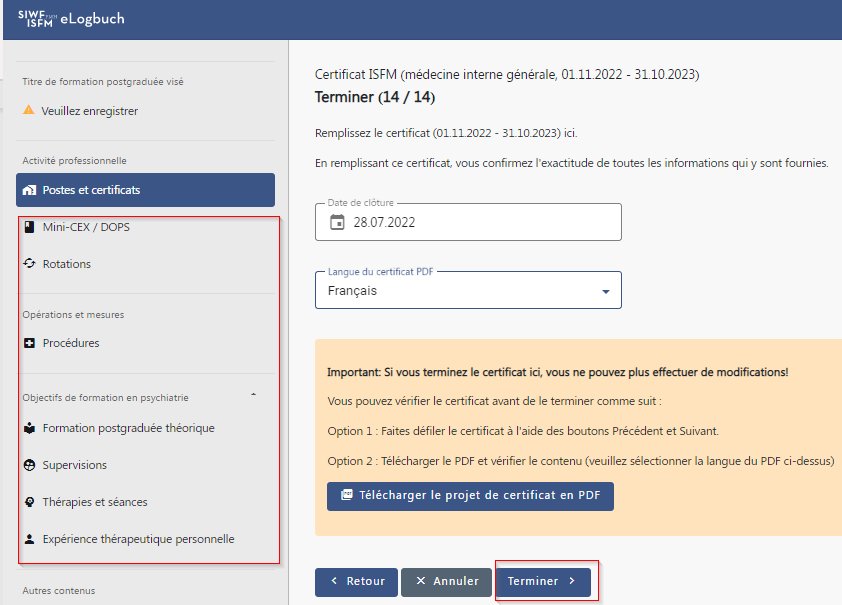 Mode d'emploi, poste, finalisation du certificat