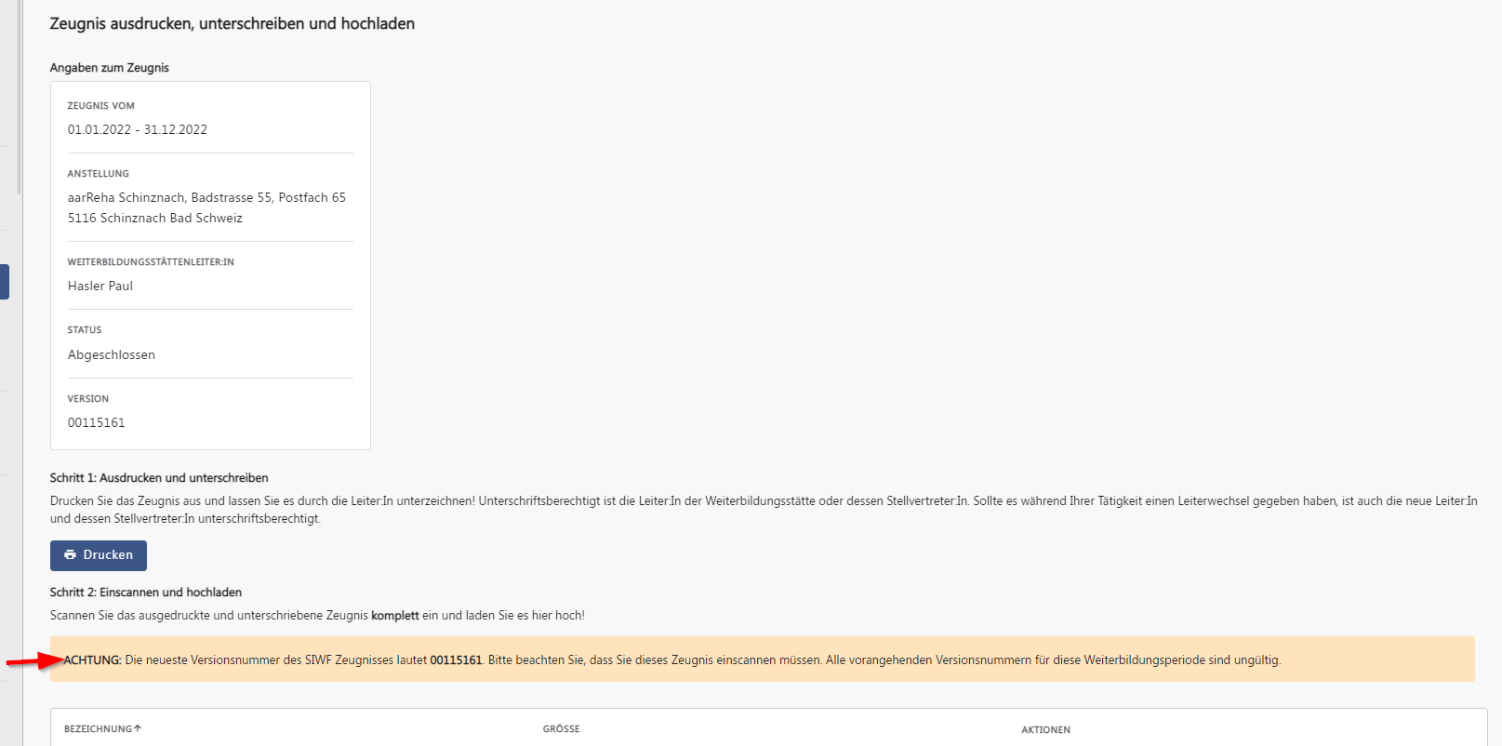 Zeugnis Hinweis Versionsnummer